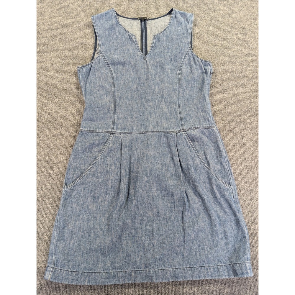 Theory Adalize Wile Denim Shift Dress Light Wash Blue Cotton V-Neck Size 8